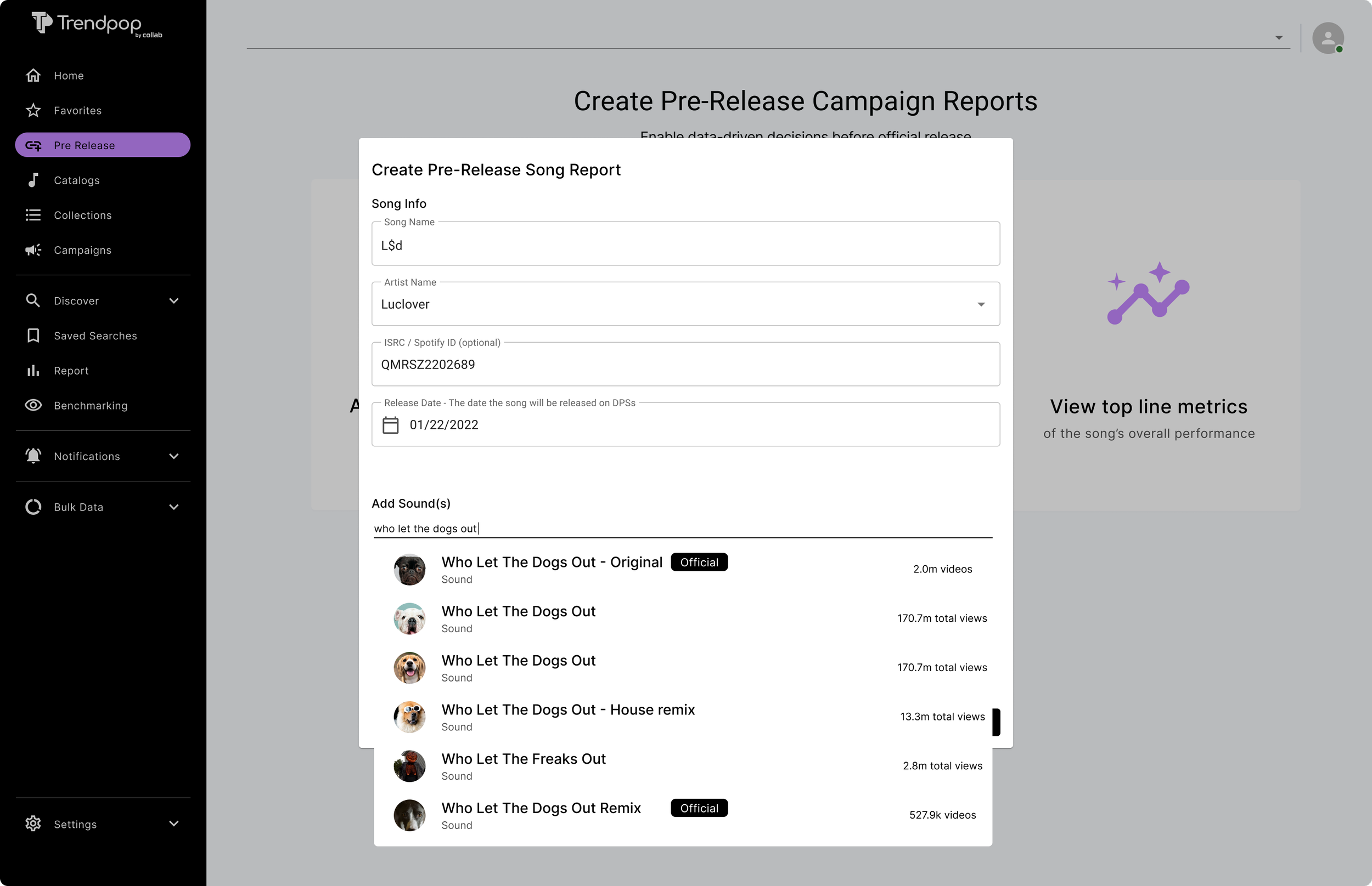 Screenshot of a music marketing platform interface showing a form to create a pre-release song report, with song details filled in, and a list of sound options for the song "Who Let The Dogs Out."