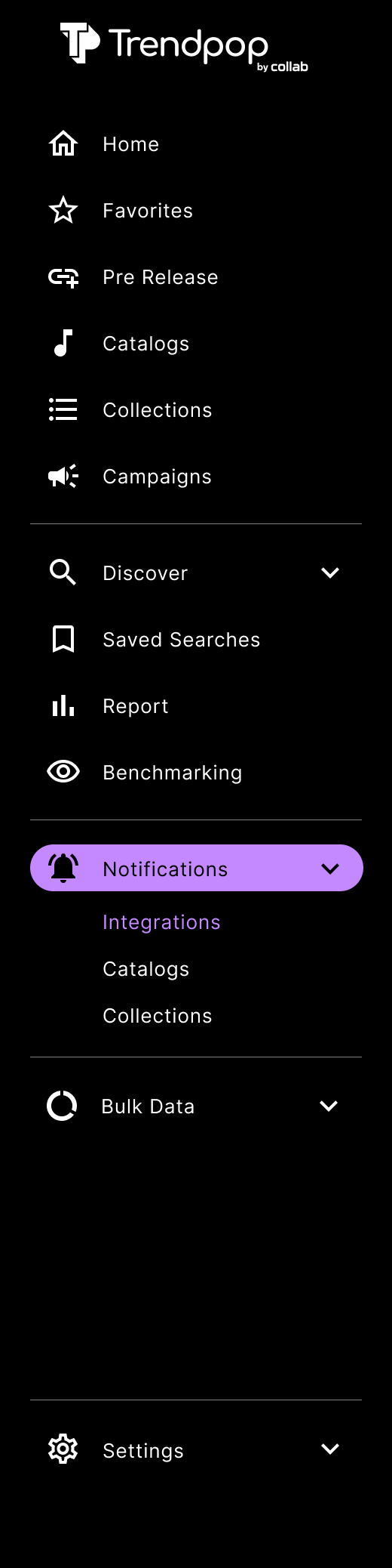 Screenshot of a mobile app menu with options like Home, Favorites, Pre Release, Catalogs, Collections, Campaigns, Discover, Saved Searches, Report, Benchmarking, Notifications, Integrations, Bulk Data, and Settings.