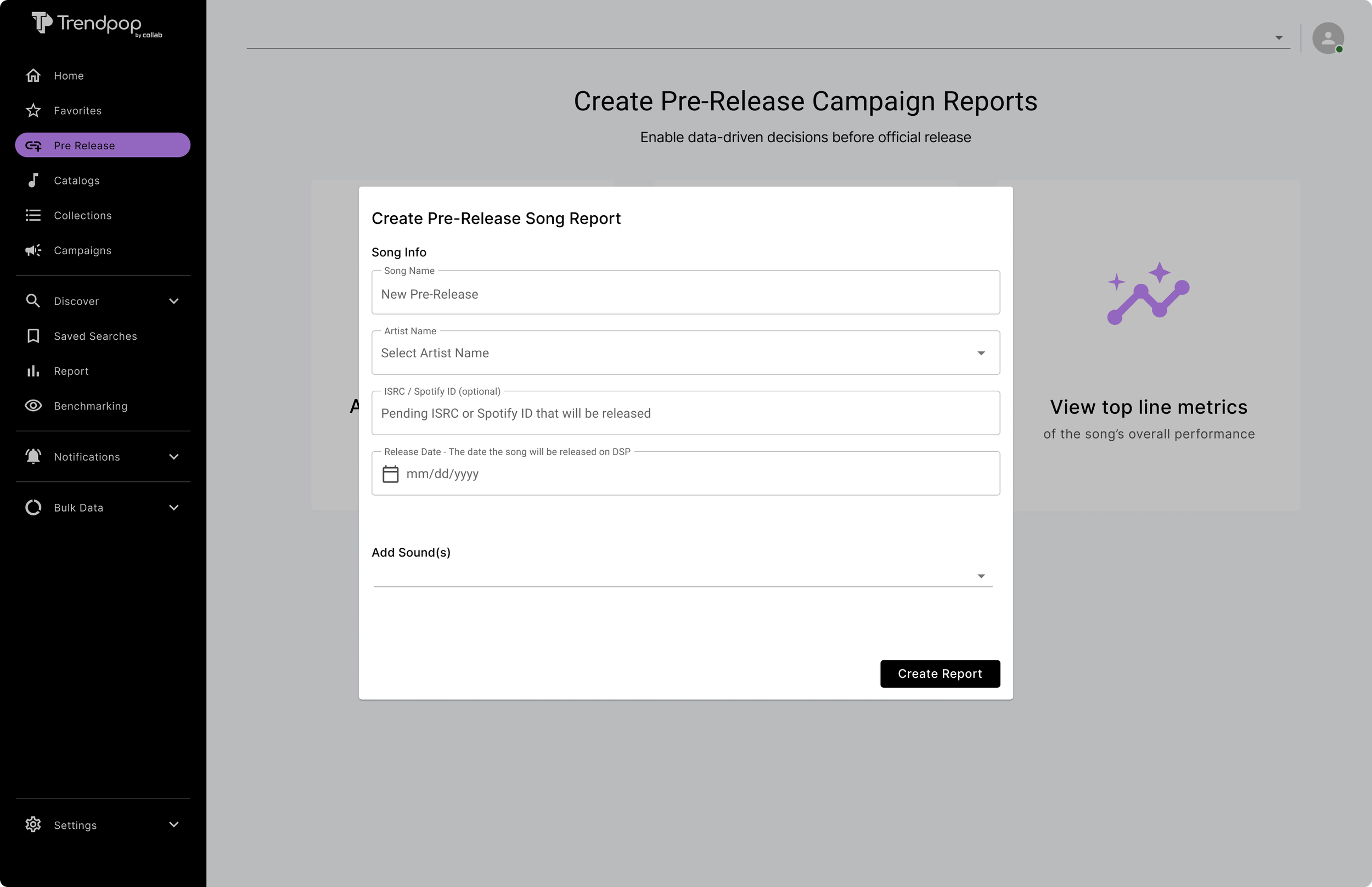Screenshot of a web application interface for creating pre-release campaign reports, showing a form for submitting a new pre-release song report with fields for song name, artist name, ISRC/Spotify ID, release date, and sound files, with the sidebar menu on the left.