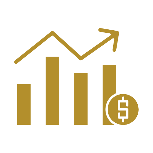 Gold bar and coin icon with an upward trending line graph.