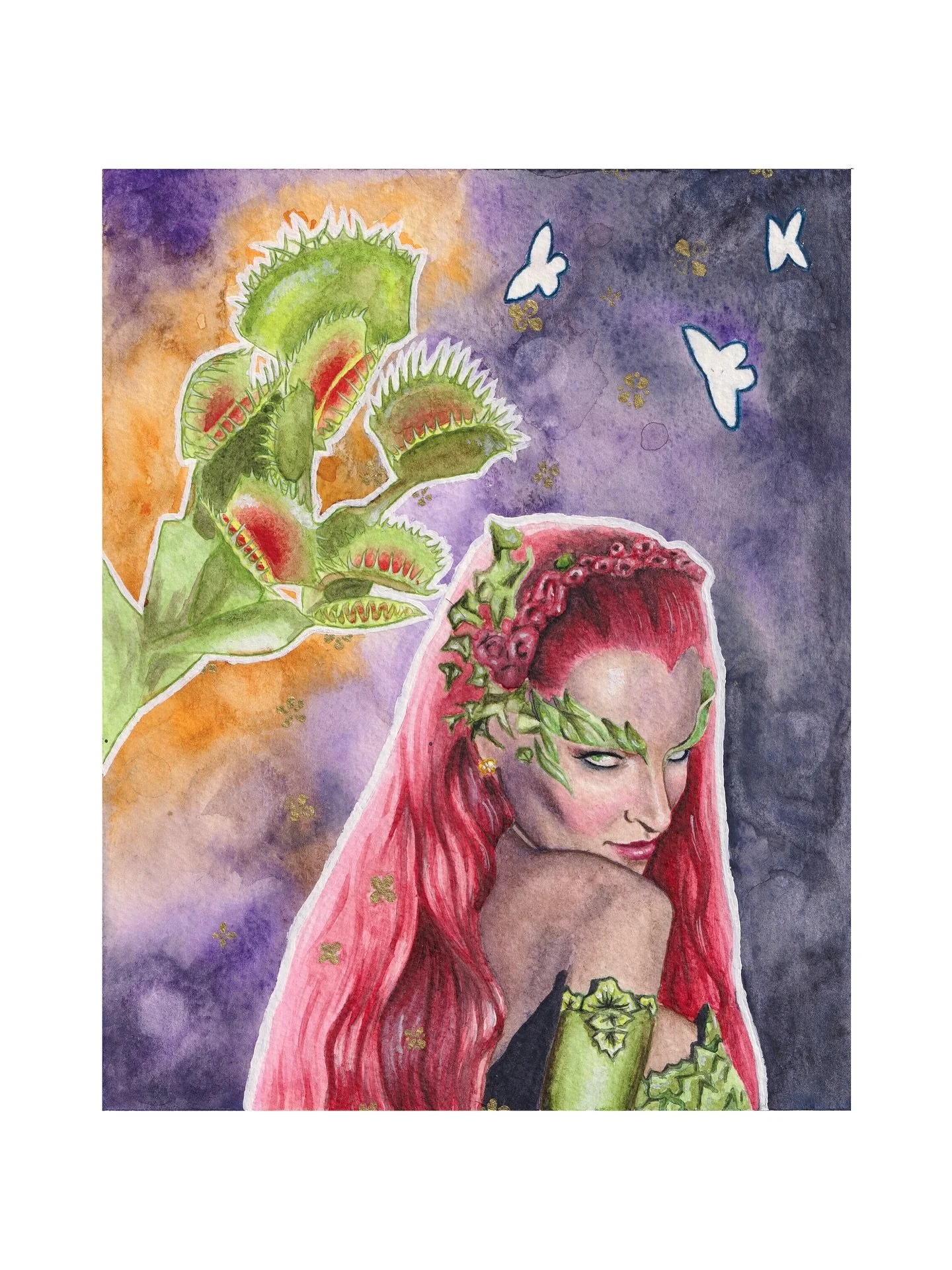 Poison Ivy 🌺 (PRINT), every one of these prints will be finished by me with gold detailing. The gold is reflective ink, providing a fantastical when hit with light. I hope you like it 😊