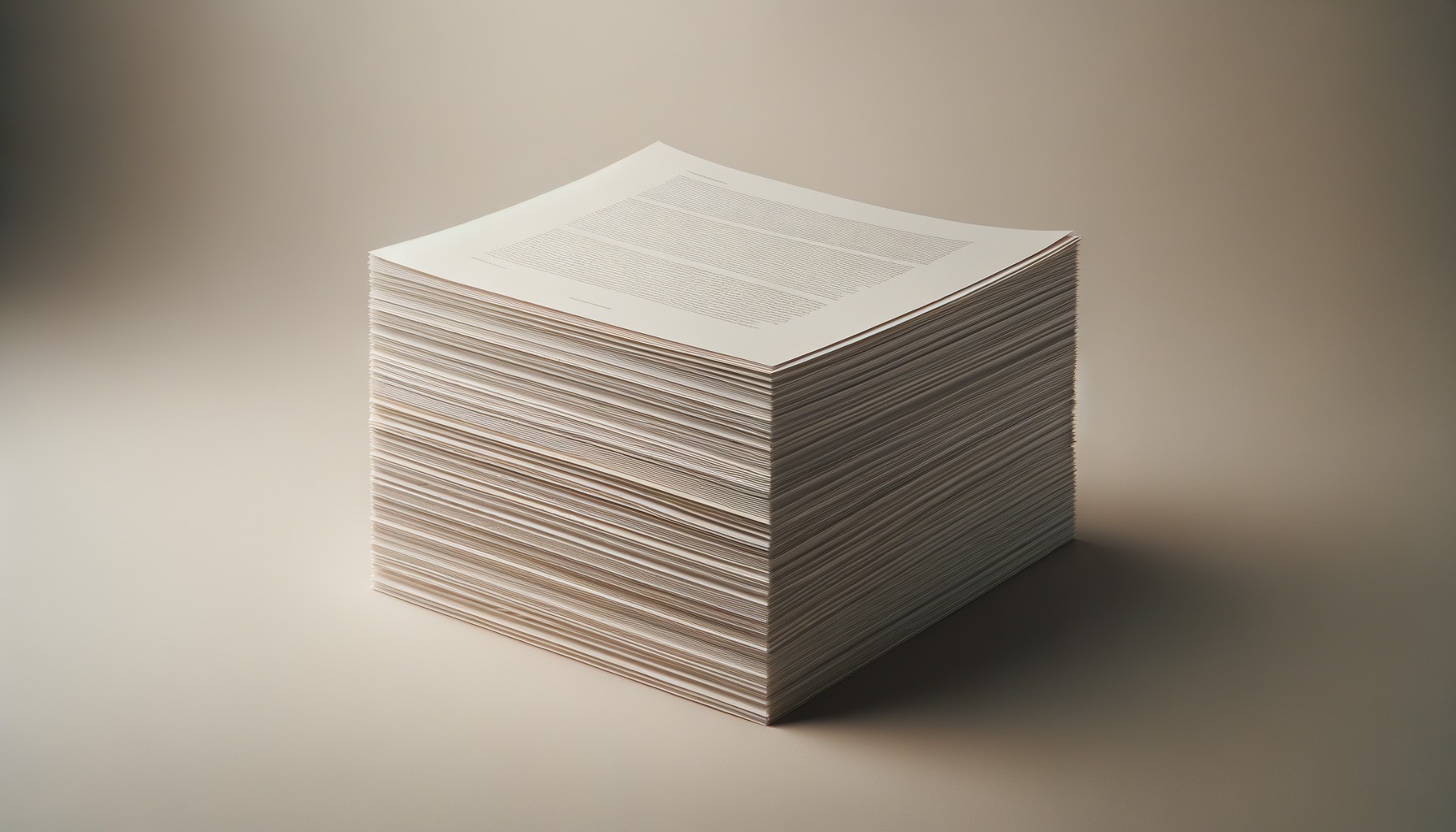 A large stack of printed paper documents on a neutral background.