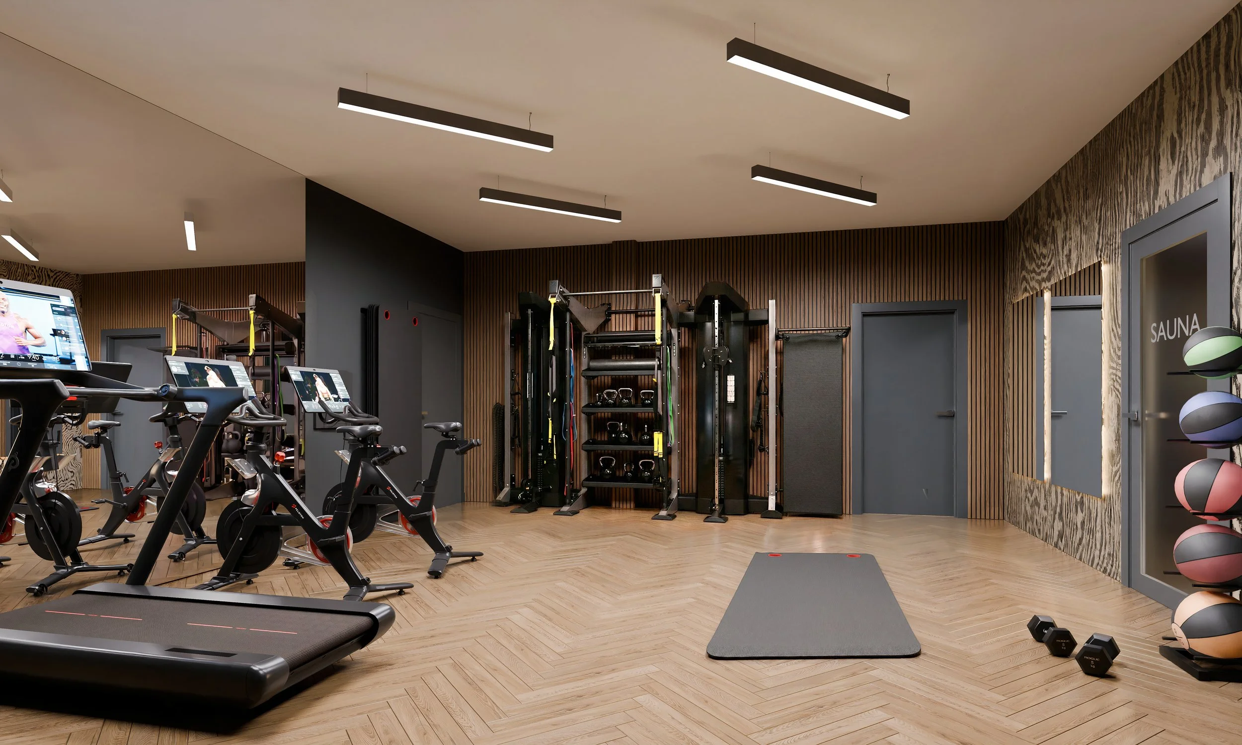 Rendering of Powderline's shared fitness studio