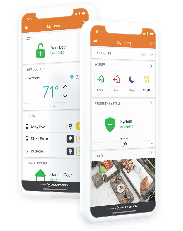 Two smartphones displaying a smart home security app with controls for locks, thermostats, lights, doors, security system, and video surveillance.