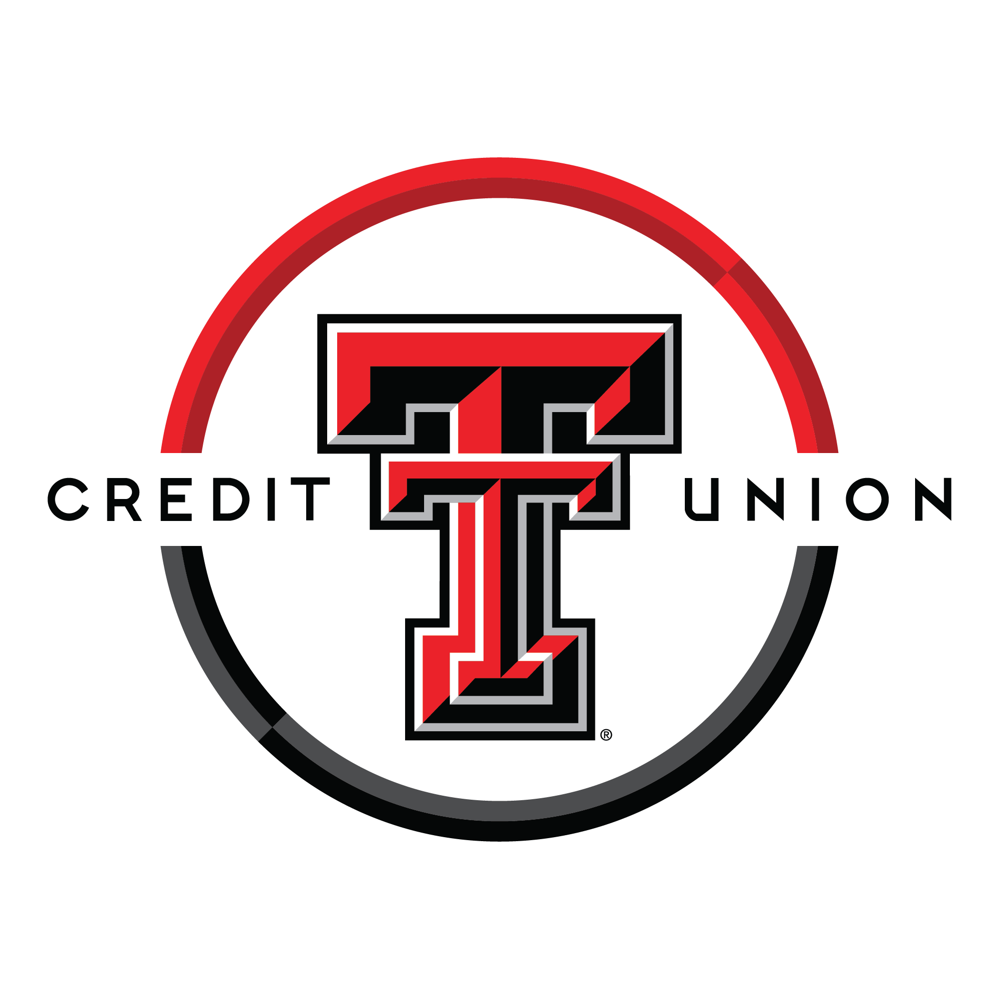 Texas Tech Credit Union logo with a large red T in the center and the words 'Credit' on the left and 'Union' on the right, complemented by a partial red and gray circle.