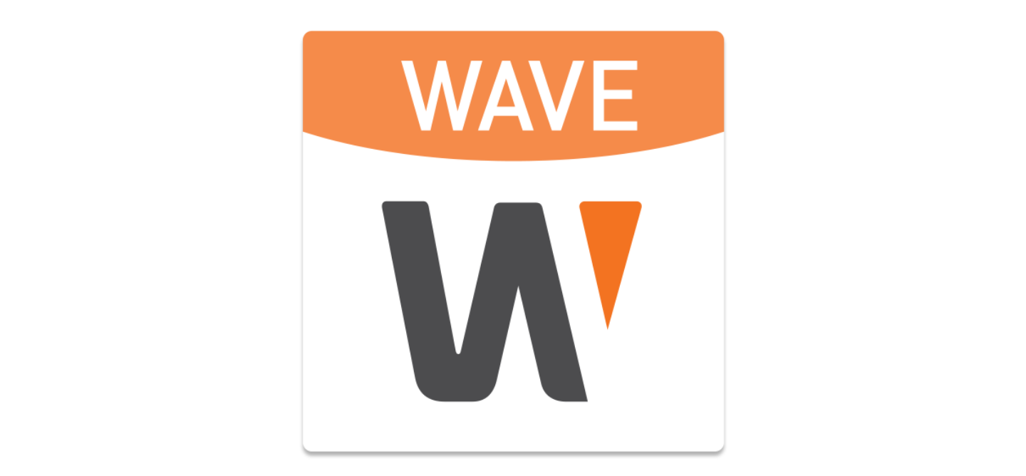 Logo of WAVE with stylized letter W in black and an orange triangle as the exclamation point. The word WAVE is written above in white on an orange background.