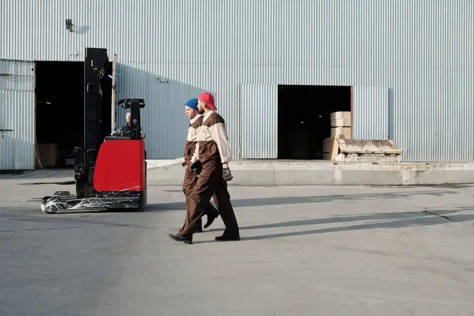 Two warehouse workers in uniforms and hats walk outside a building near a red forklift and open loading dock doors.
