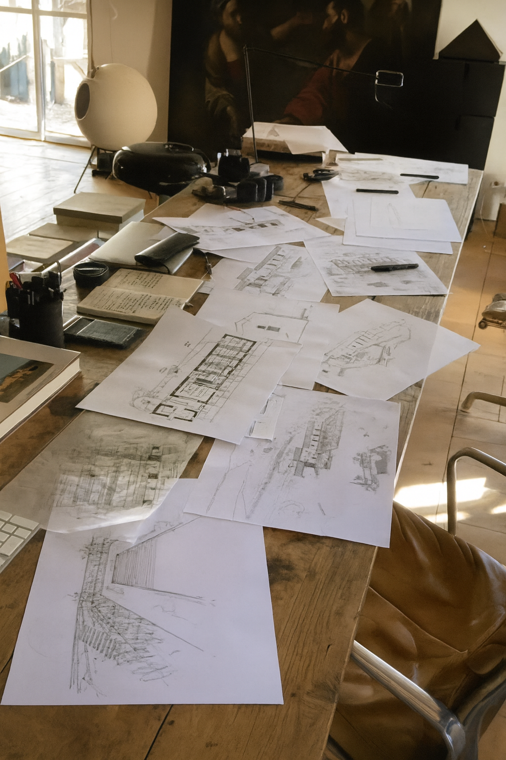 Structural engineering calculations and sketches spread out on a wooden table.