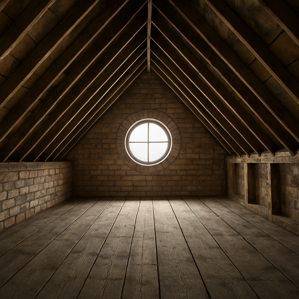 A residential loft conversion project with exposed structural beams, brick walls, and a round window on the far wall.