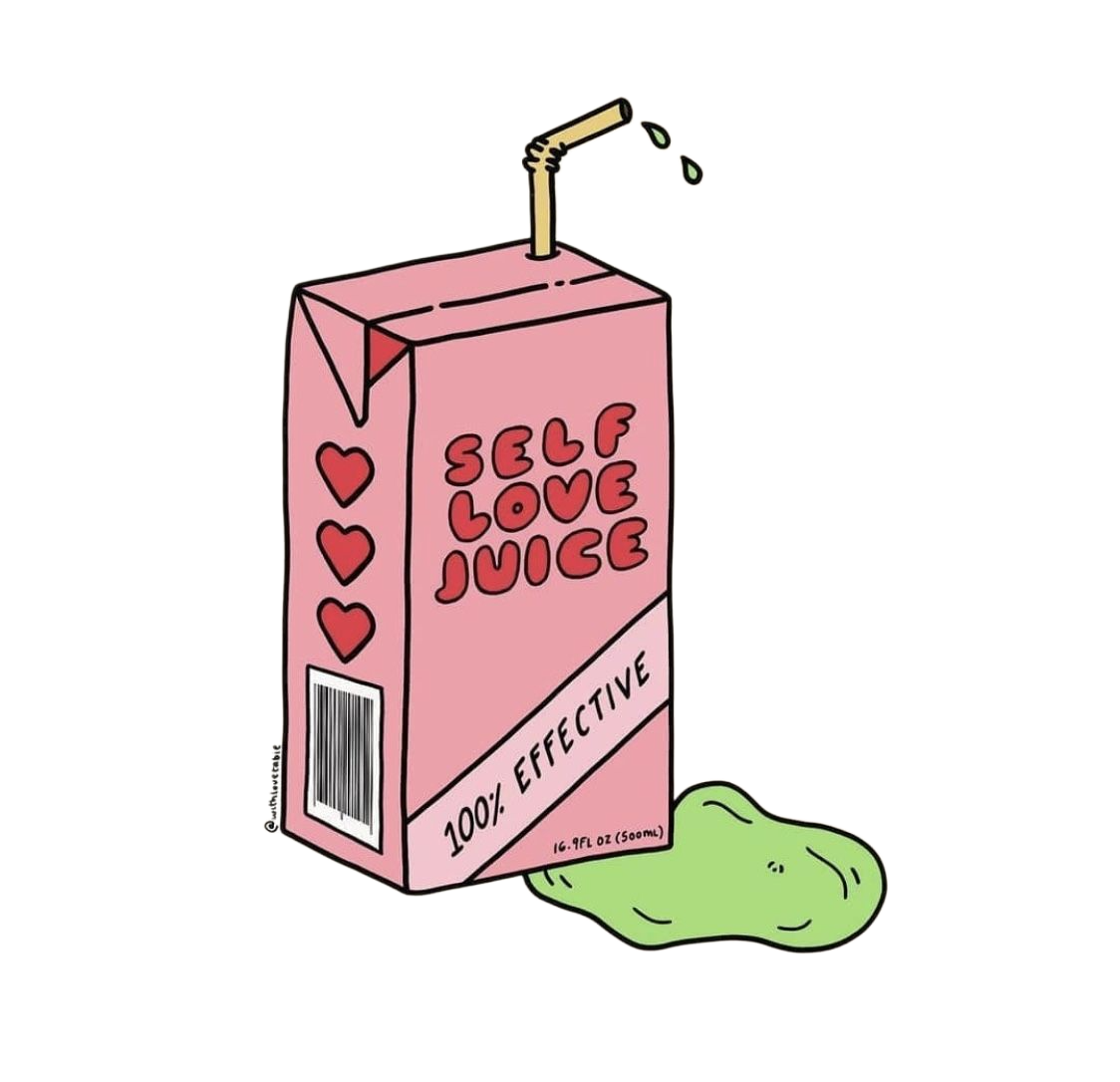 A pink juice box labeled "Self Love Juice" with hearts on the side, spilling green liquid.