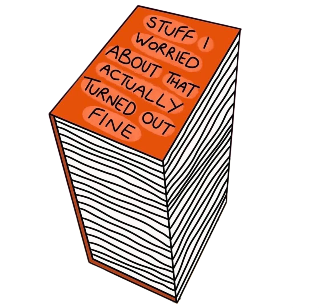 Cartoon illustration of a large pile of lined paper with an orange sign on top that reads, 'Stuff I Worried About That Actually Turned Out Fine'.