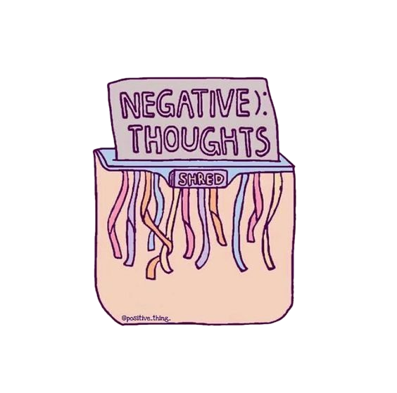 A cartoon illustration of a tissue box labeled "NEGATIVE THOUGHTS" with tissue papers coming out. The tissues are labeled "SHRED" and the box has colorful wavy tissue papers inside.