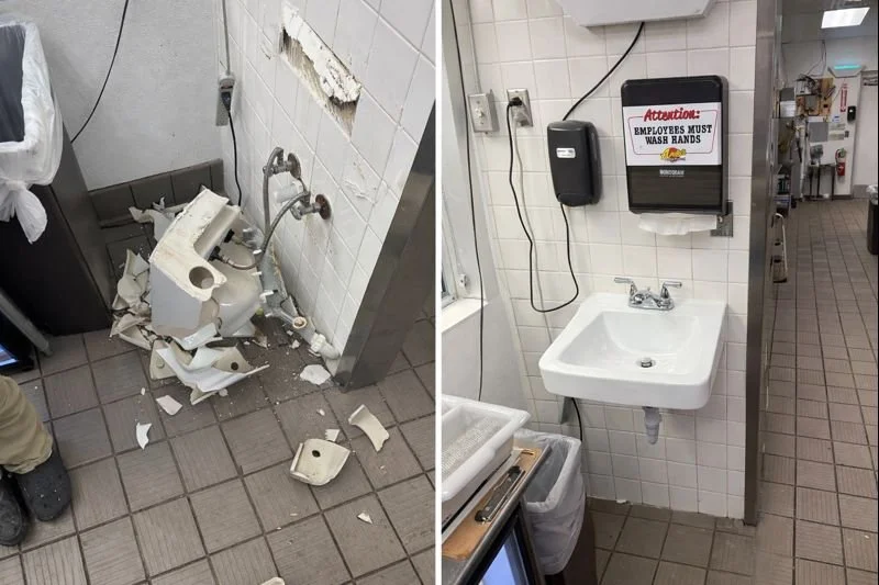 Left side shows a broken bathroom soap dispenser on the floor with debris scattered around, and a wall with damaged tiles. Right side shows a clean sink with a soap dispenser and a warning sign about washing hands, in a commercial bathroom.