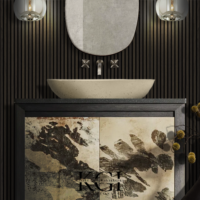 Bathroom vanity with a vessel sink, round mirror, and modern lighting fixtures with black and beige decor.