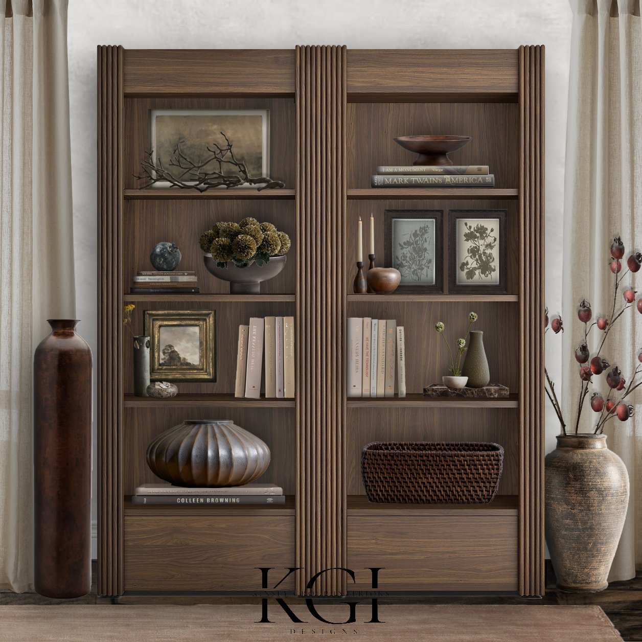 Wooden bookshelf with decorative items, books, and framed botanical prints, flanked by large vases, in front of curtains.