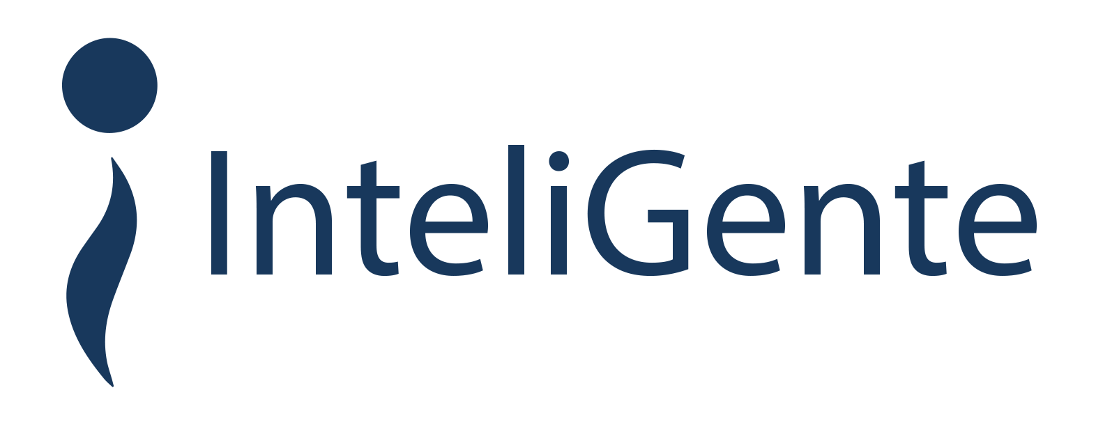 Logo with a dark blue curved abstract shape and the words "Inteligente" in dark blue.