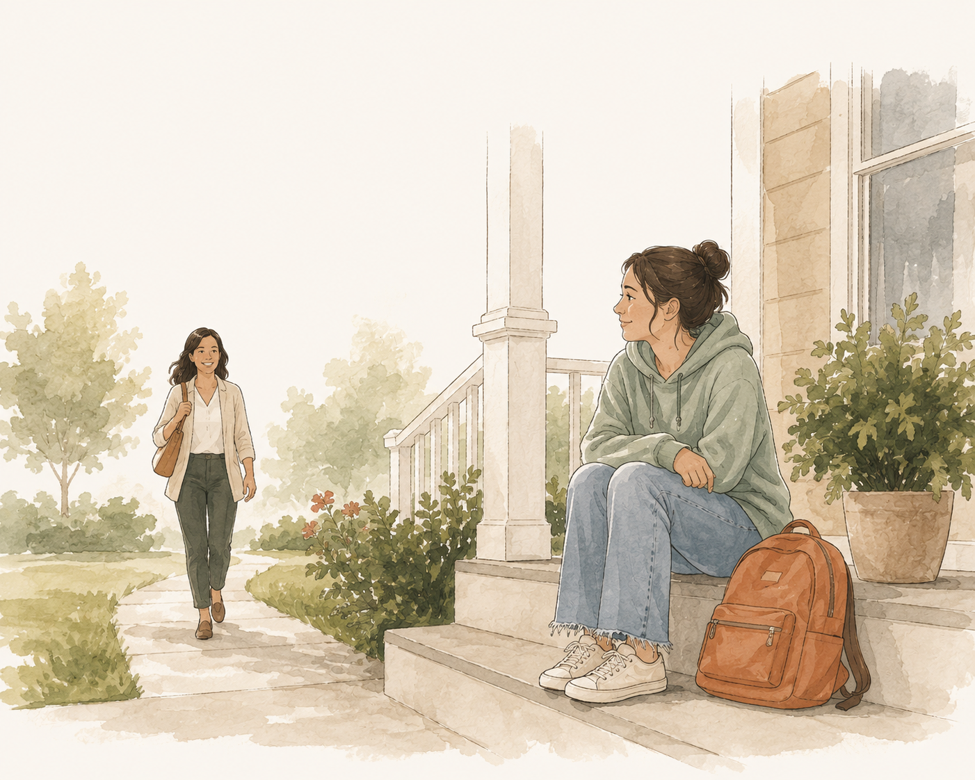 Illustration of a teenage girl sitting on her front porch, smiling as her therapist walks toward her for a home visit.