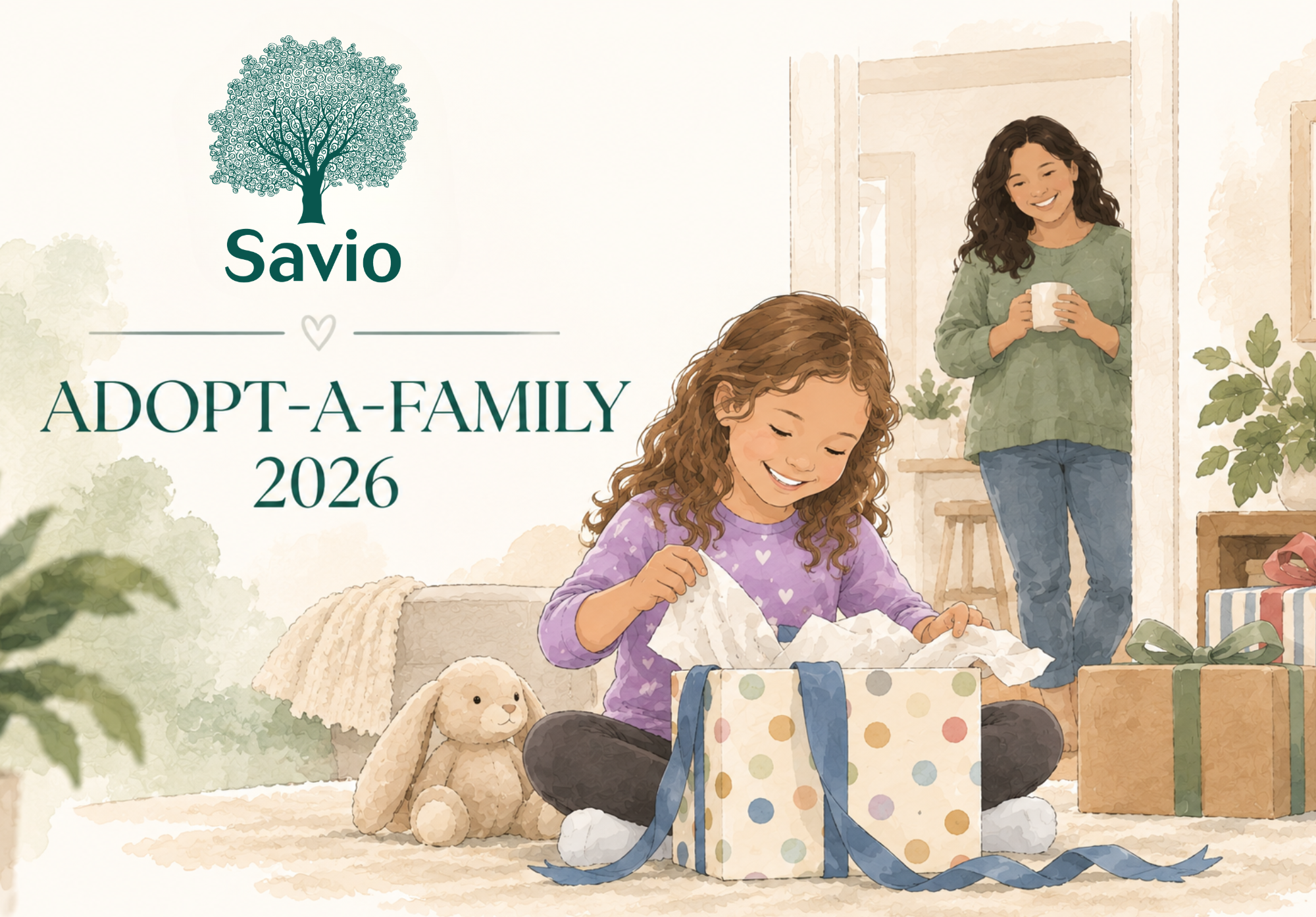 Watercolor illustration of a child opening a gift while a parent smiles in the background, representing Savio's Adopt-A-Family program.