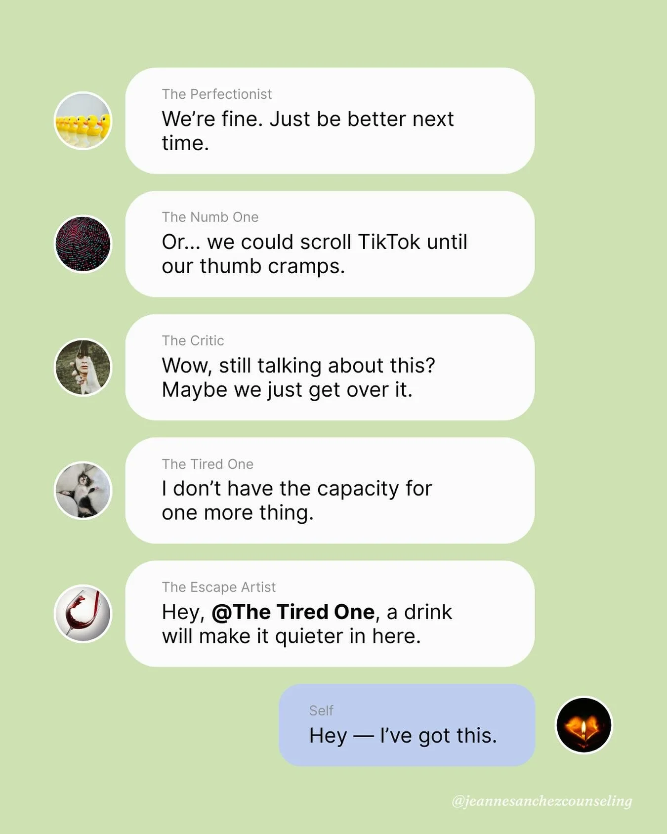 Sometimes it feels like your mind is running a group chat you never signed up for.
⁣
IFS helps you understand what each part is trying to accomplish and protect, so they can rest and you can lead with more calm and care.⁣
⁣⁣⁣⁣⁣⁣⁣
𝘋𝘪𝘴𝘤𝘭𝘢𝘪𝘮𝘦𝘳