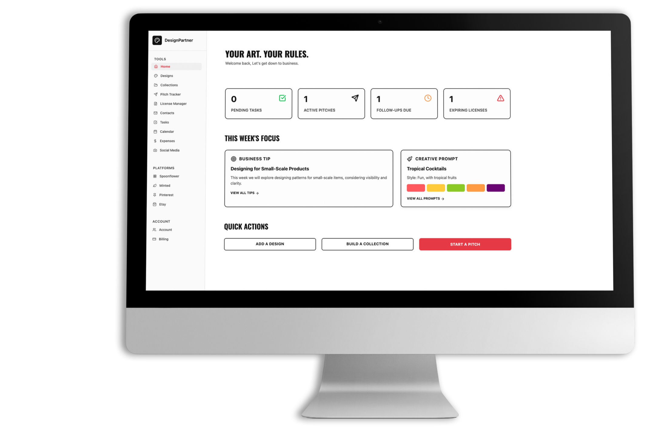 Screenshot of a project management dashboard on a computer monitor with sections labeled 'Your Art. Your Rules.', 'This Week's Focus,' and 'Quick Actions.' Navigation menu on the left side includes tools, platforms, and account options.