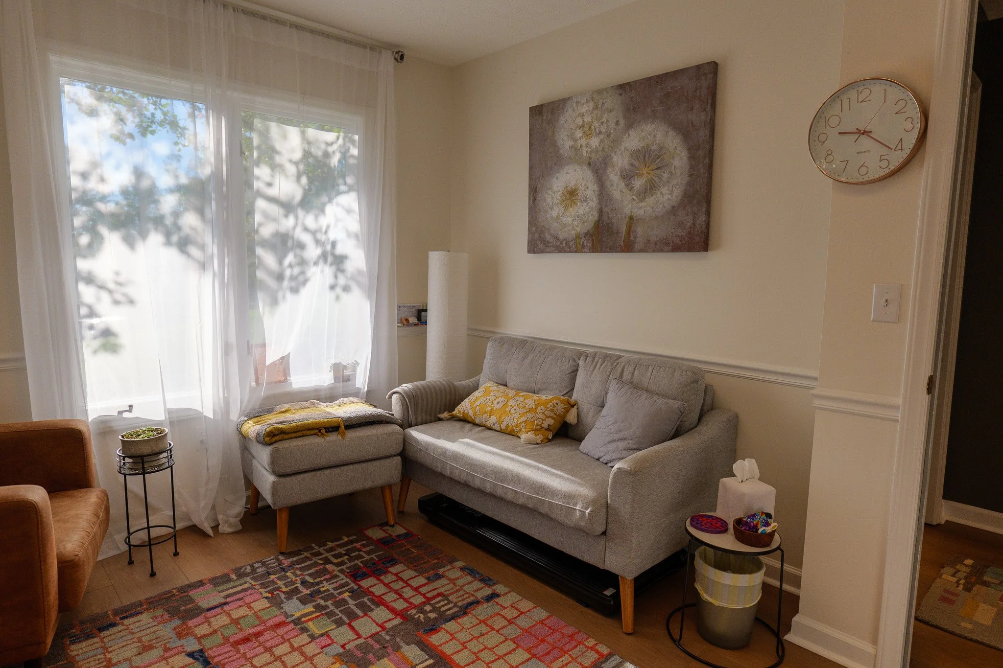 Living room with light gray sofa, yellow and gray pillows, a window with white curtains, a small round side table with a tissue box, a table with a bowl of items, and a colorful area rug.