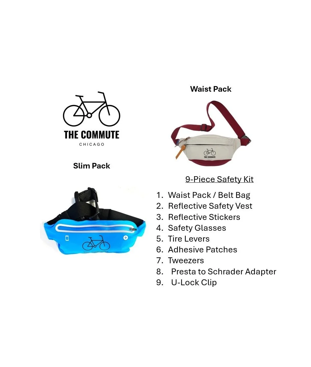 Bike safety kit showing slim pack and larger waist pack options in blue and burgundy