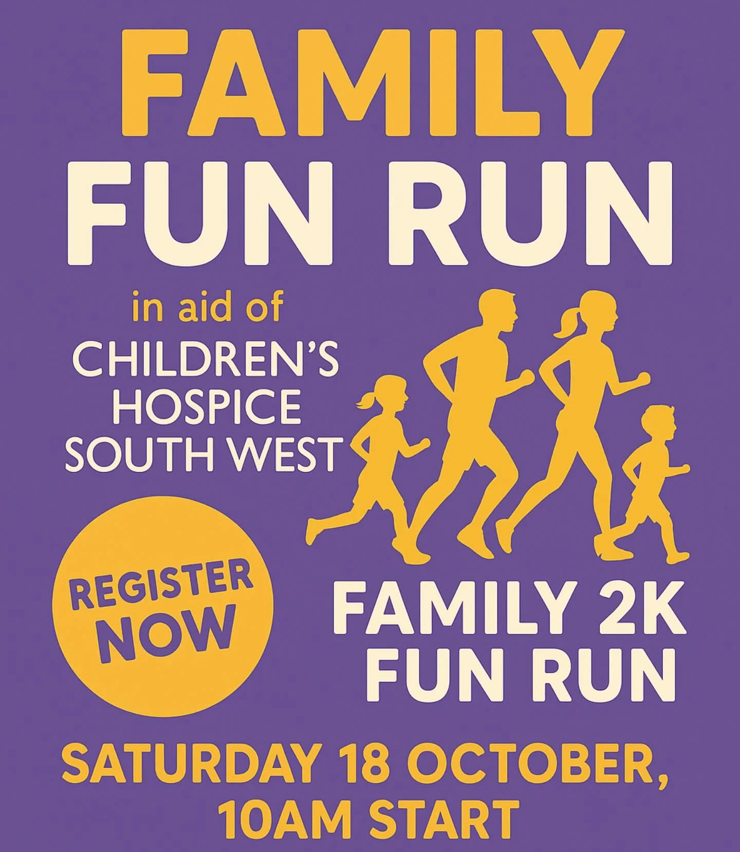 ✨ IT&rsquo;S BACK! ✨

We&rsquo;re so excited to announce the return of our Family Fun Run 🏃&zwj;♀️🏃&zwj;♂️ in aid of Children&rsquo;s Hospice South West 💜

📅 Saturday 18th October
⏰ 10am start
📍 Wincanton
👟 2K Family Fun Run &ndash; perfect for