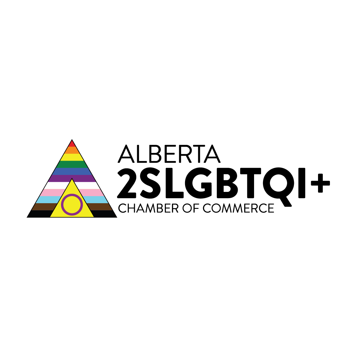 Logo of the LGBTQ Pride flag with a yellow triangle and purple circle, with rainbow stripes above and below, on a black background.