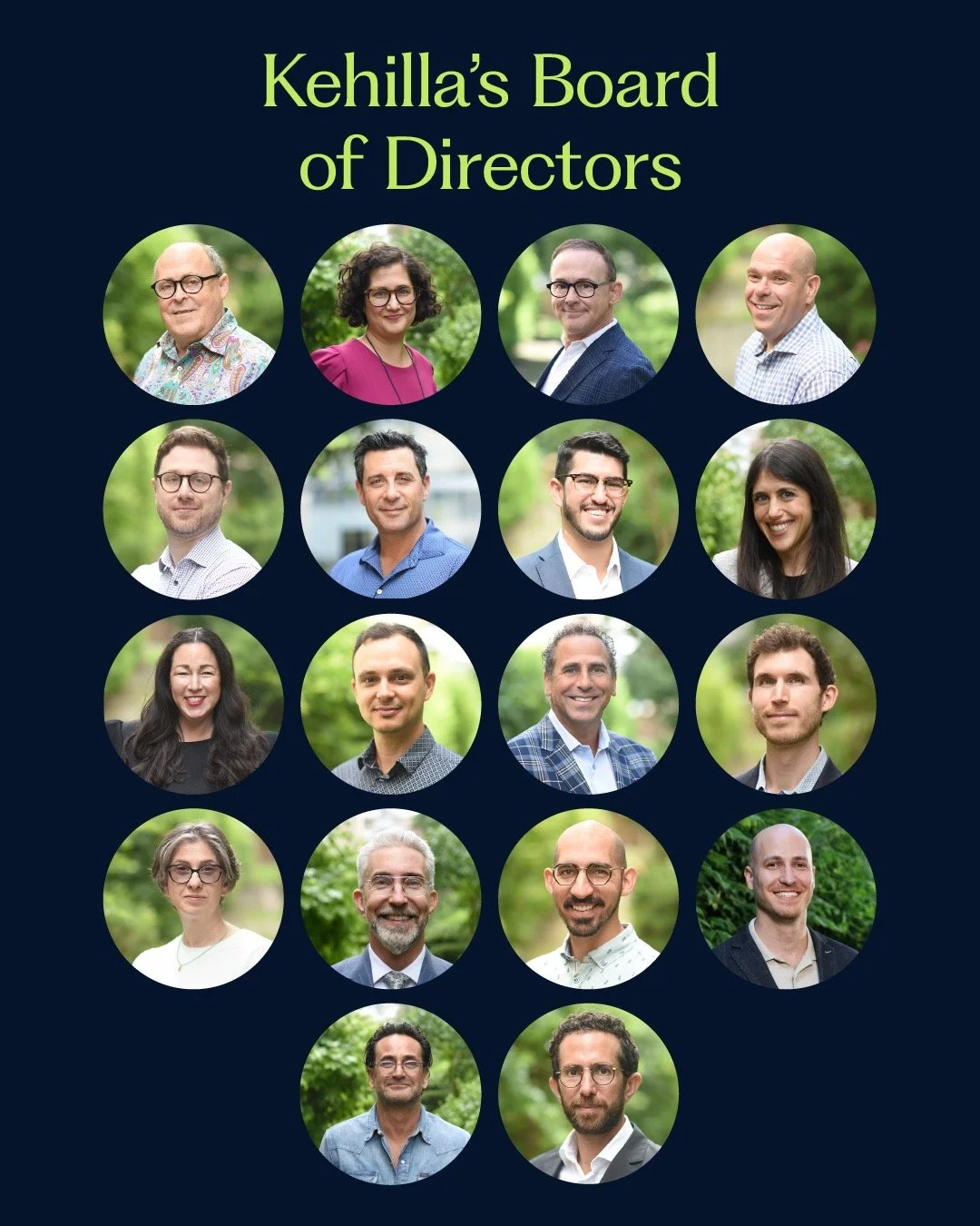 The Kehilla Board of Directors sets the direction for the organization:
David Barkin
Naama Blonder
Adam Cohen
Avi Ciglen
Noah Ciglen
Sean Eisen 
David Gasch
Jenn Green
Brenda Izen
Lirad Kligman
Eli Palachi
Joshua Papernick
Sarah Paul
Aaron Platt
Dani