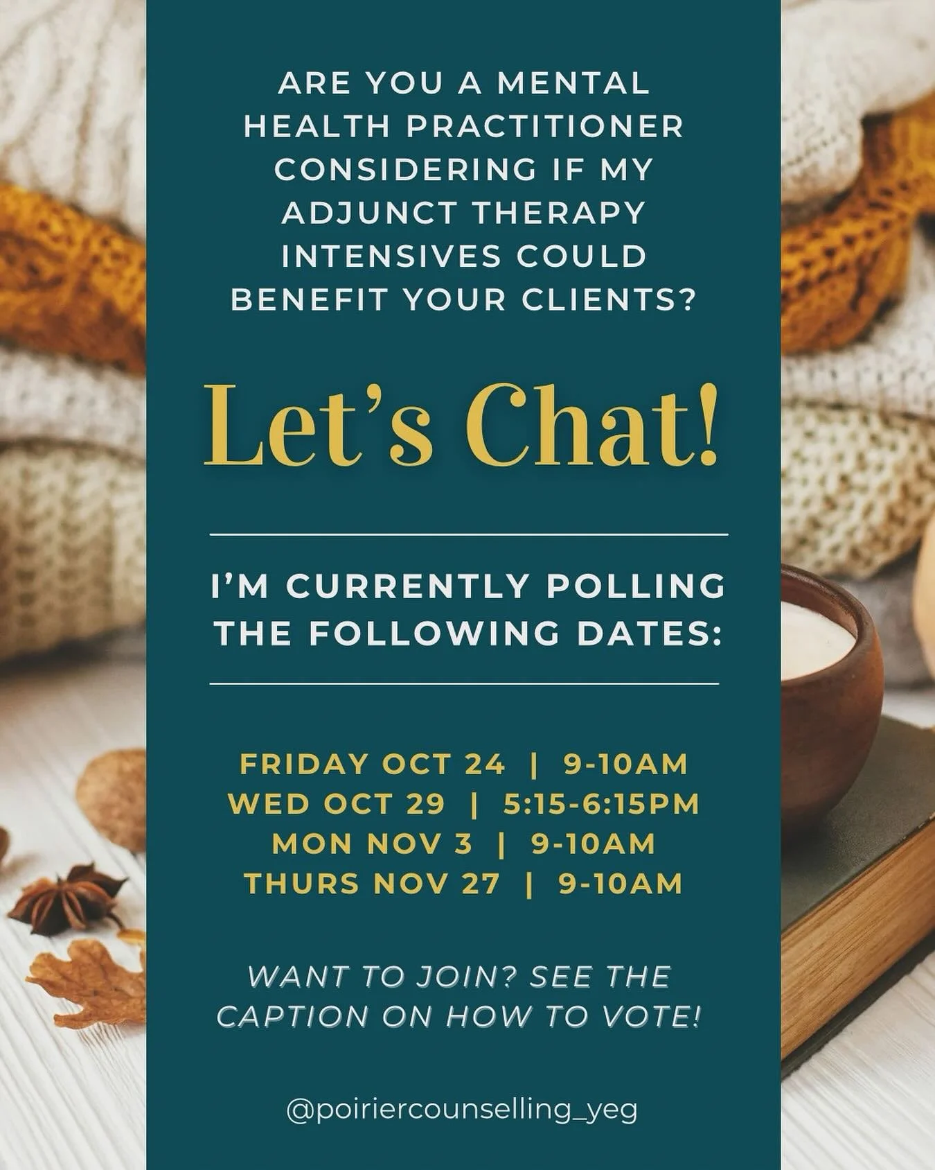 Hi folks! I&rsquo;ve had some individual chats with other therapists about my Therapy Intensives, and thought a group space to ask questions &amp; explore this format would be helpful. I&rsquo;ve offered 4 dates for a potential meeting virtually, and