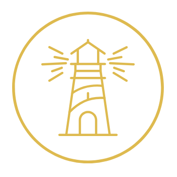 A gold outline of a lighthouse inside a circle, with rays of light emanating from the top.