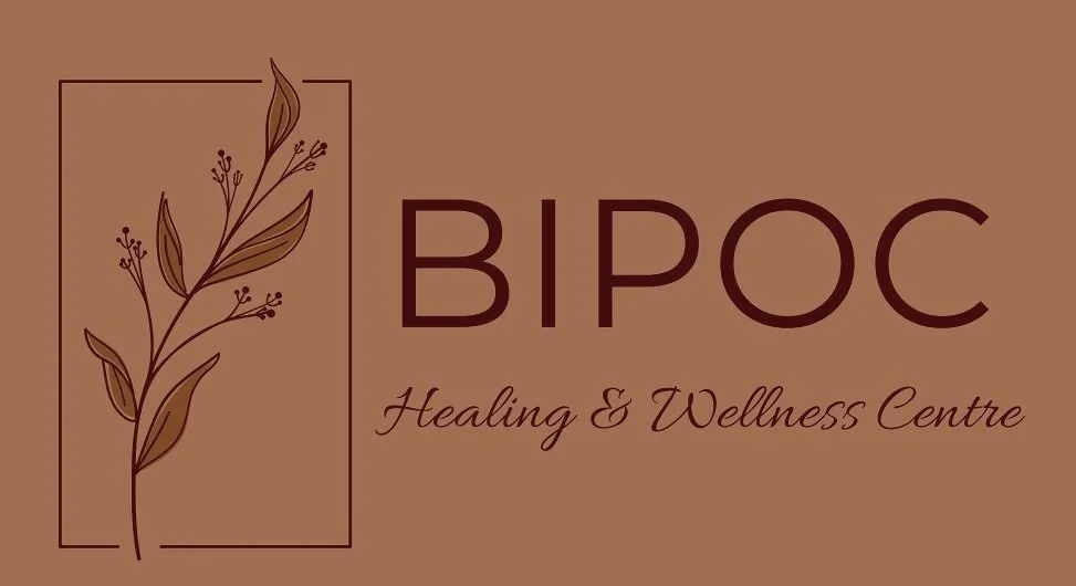 A logo for BIPOC Healing & Wellness Centre featuring a stylized plant with leaves and small flowers against a brown background.