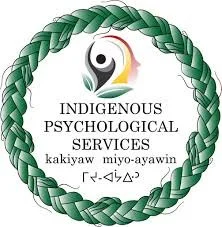 Logo for Indigenous Psychological Services featuring a stylized person, a rainbow, and a green braided border with text in English and another language.