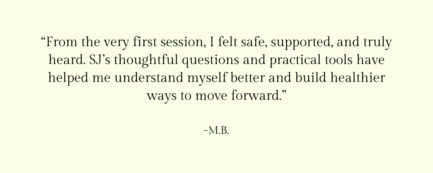 Quote about therapy or sessions with supportive and thoughtful feedback, attributed to M.B.