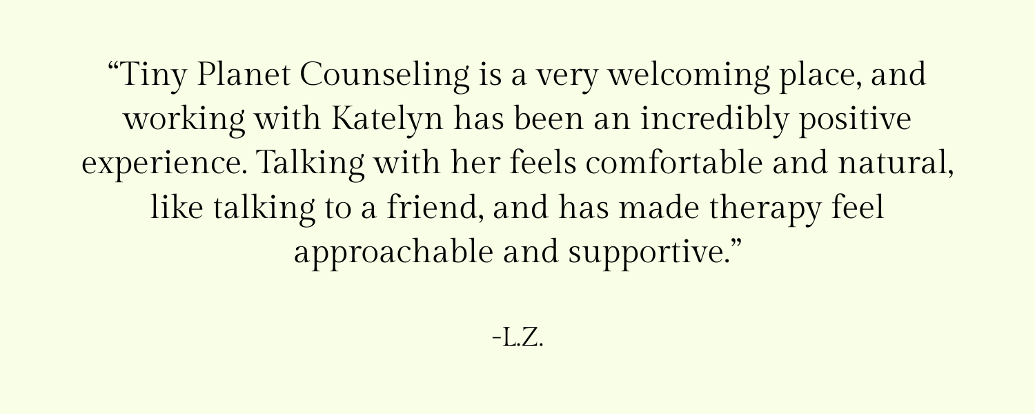 Quote about Tiny Planet Counseling on a light yellow background.
