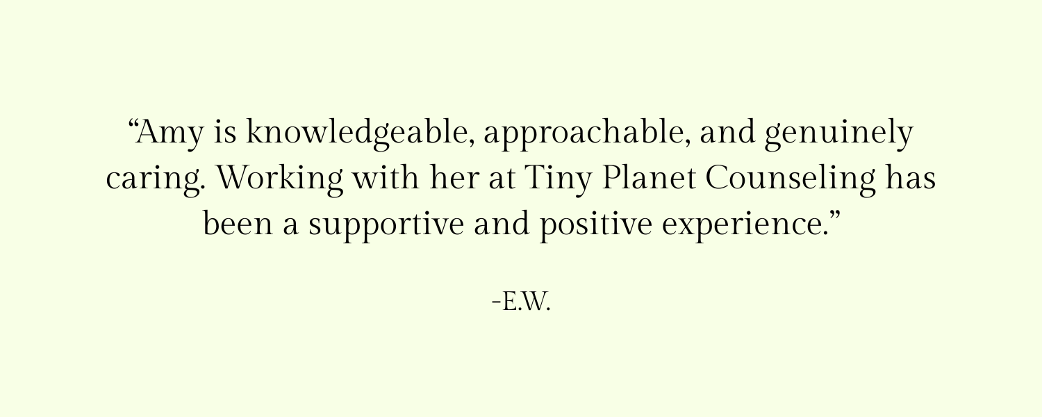 A light-colored screen displaying a quote about Amy, praising her knowledge, approachability, and care, with a note about her work at Tiny Planet Counseling, attributed to E.W.