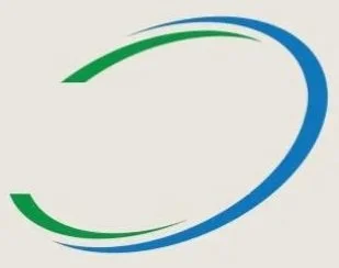 Abstract logo with green and blue curved lines forming an incomplete oval
