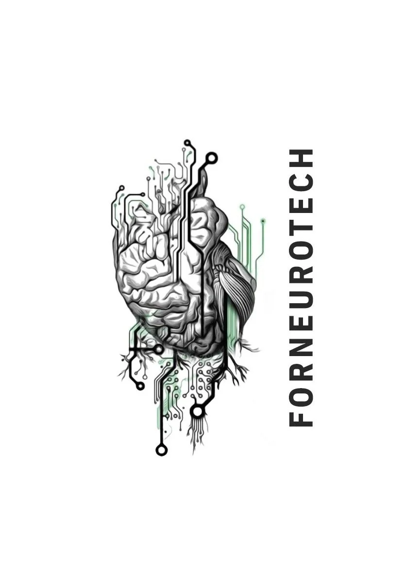 A digital illustration of a human brain with circuit board patterns integrated into it, with the text "FOR NEUROTECH" written vertically to the right.