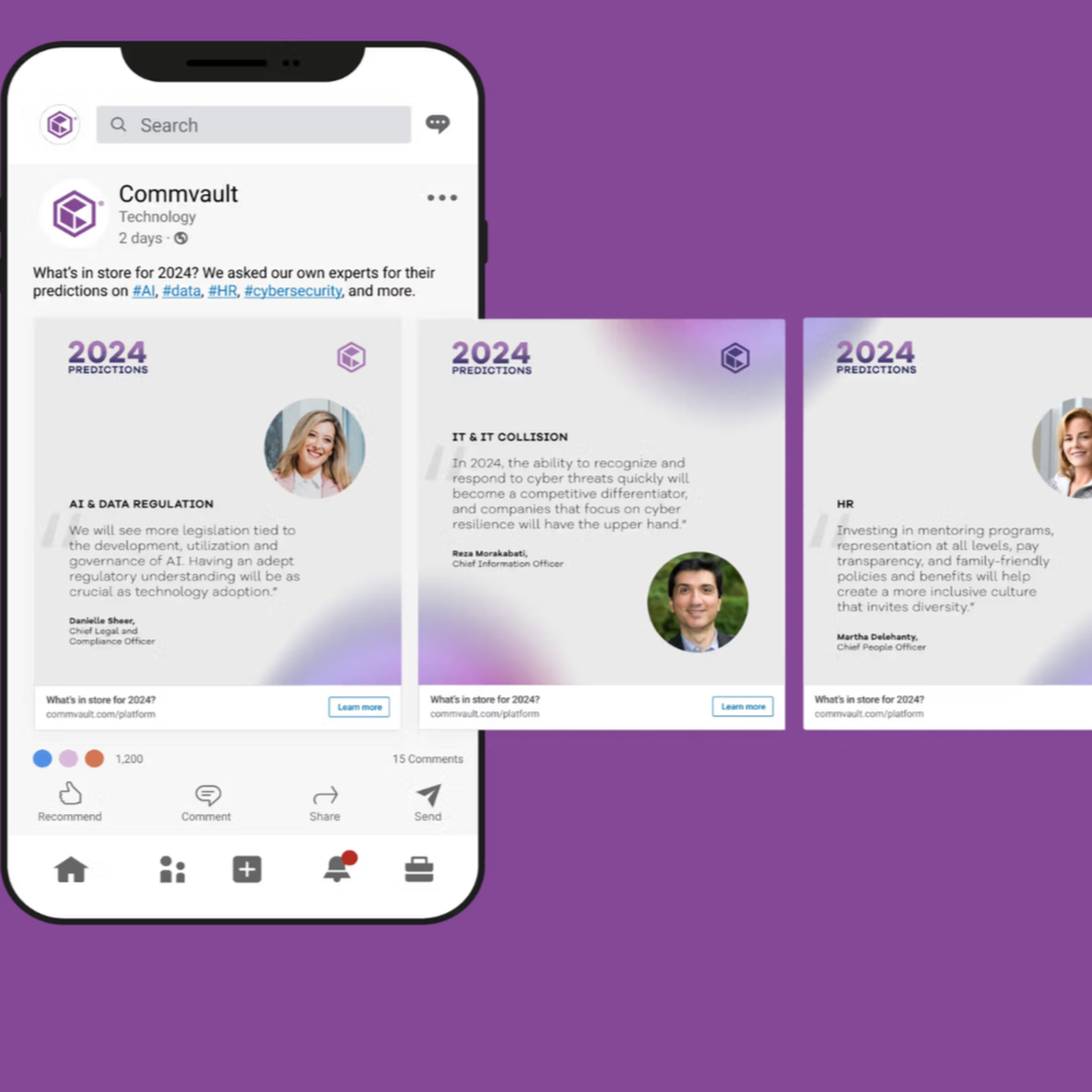 Smartphone displaying a social media post about technology predictions for 2024, with sections on AI and data regulation, IT and cyber collision, and HR, each featuring a profile picture and quote. The background is purple.