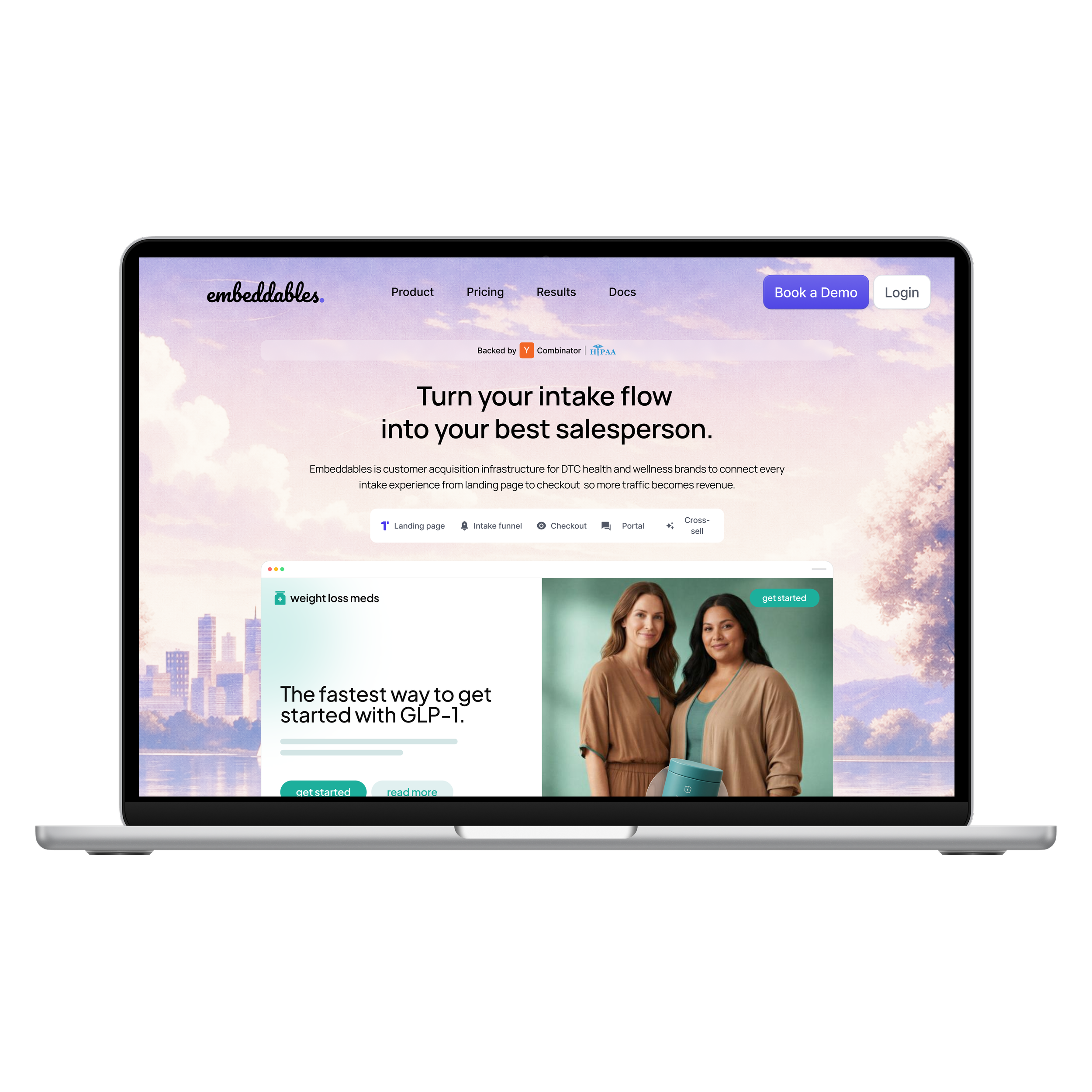 Screenshot of a website homepage called 'embeddables' with navigation links for Product, Pricing, Results, and Docs, a call-to-action button labeled 'Book a Demo,' and a login button, featuring a sky with clouds as the background.