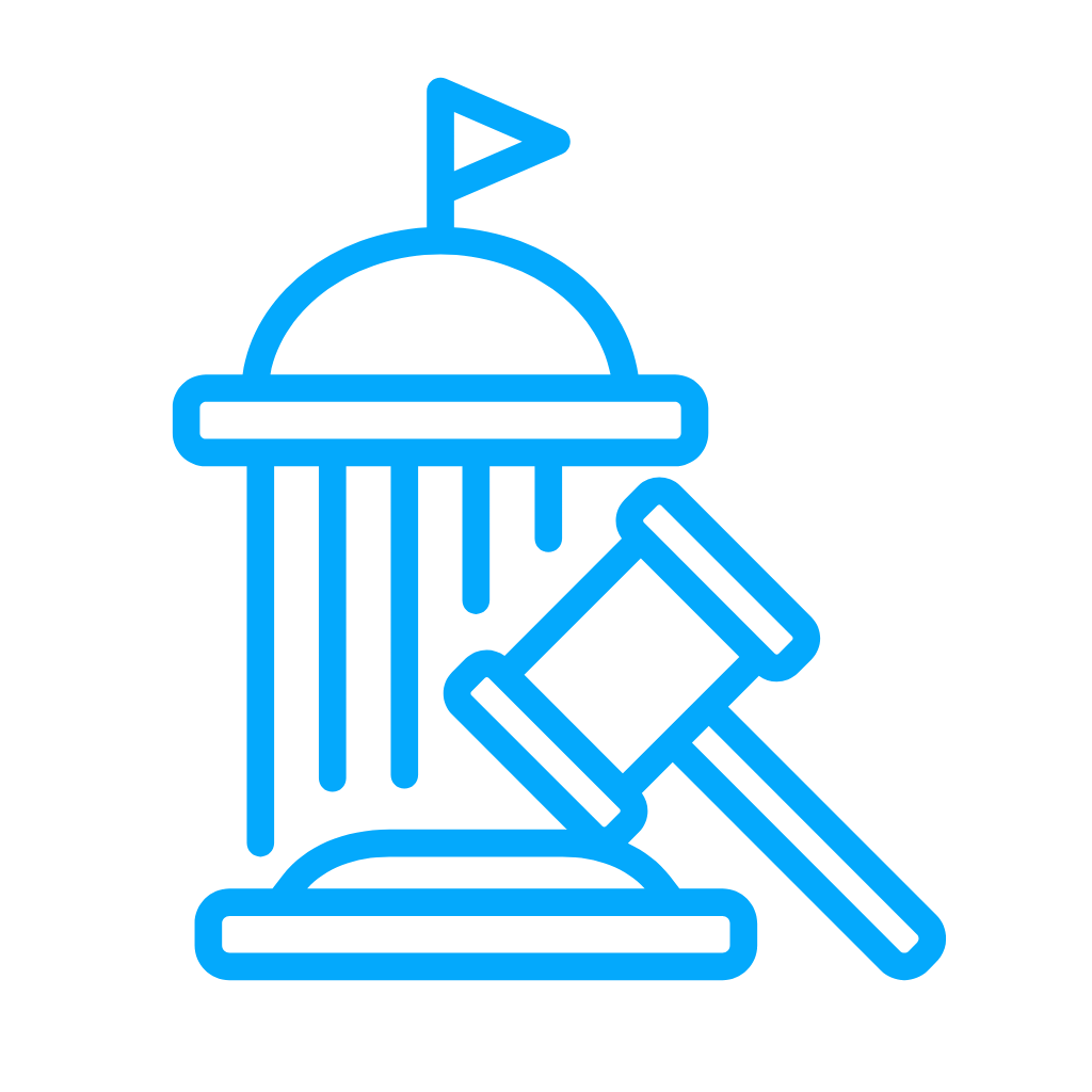 Outline of a gavel and a courthouse with a flag on top, symbolizing the legal system and justice.