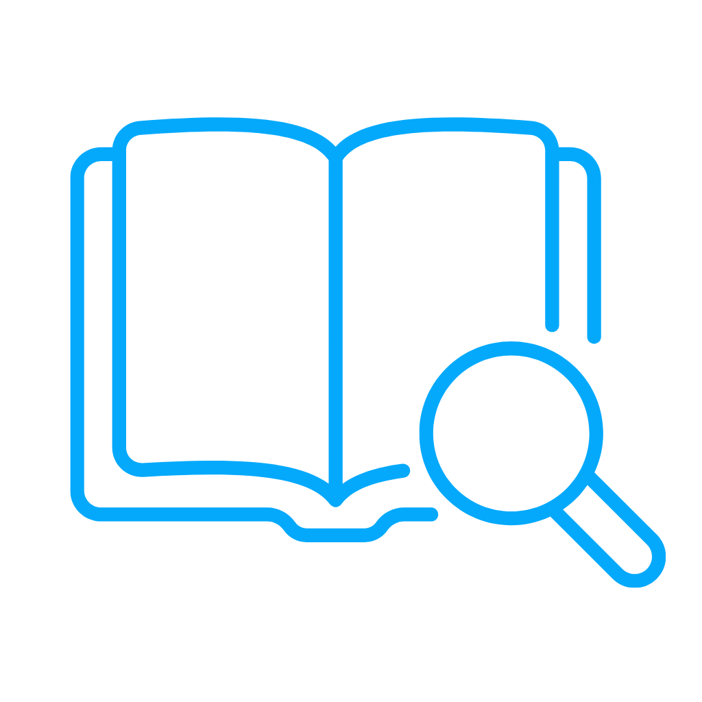 Outline of an open book and a magnifying glass, both in blue.