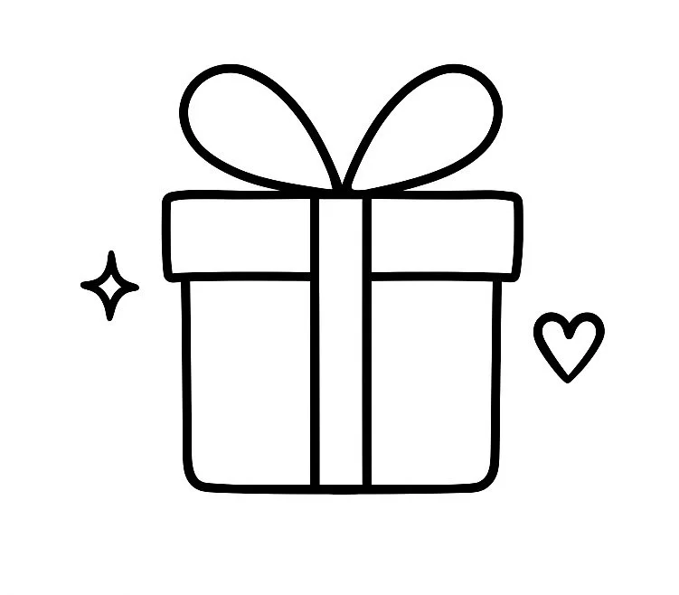 A simple black and white line drawing of a gift box with a ribbon and bow, accompanied by a small star and a heart.