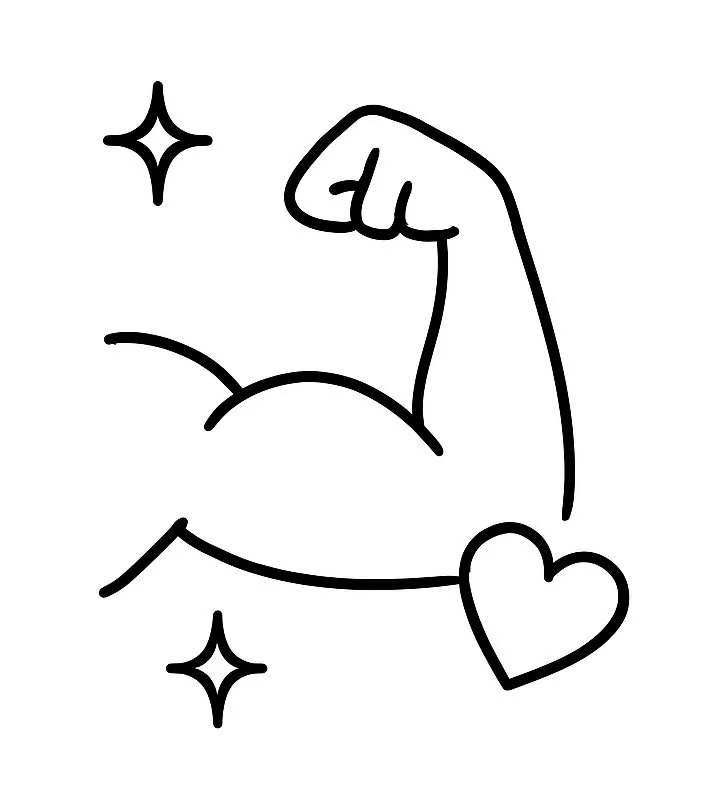 Line drawing of a flexed bicep muscle with a heart on the arm and stars surrounding it.