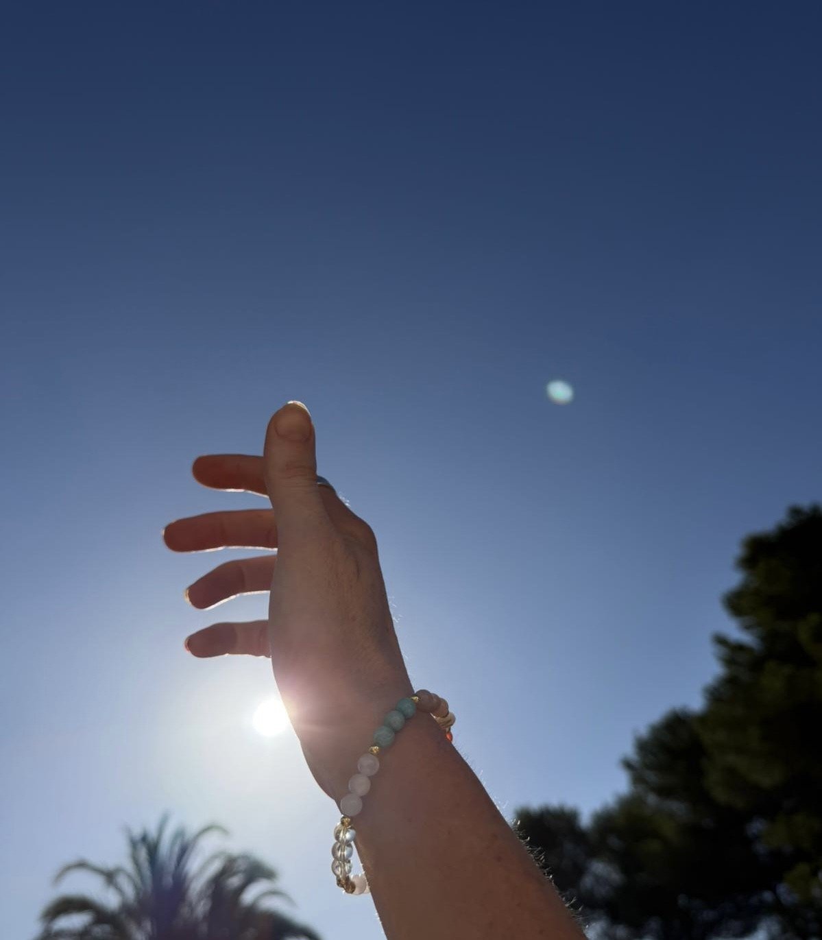 A hand reaching up towards the bright sun in a clear blue sky, with trees and a palm tree in the background.