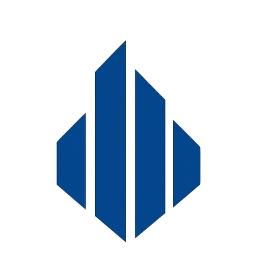 A stylized blue geometric logo with a central vertical axis, consisting of four symmetrical vertical bars of varying heights.