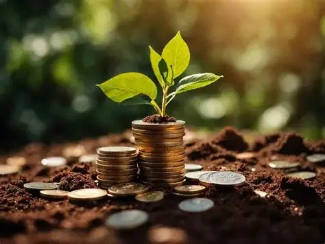 A small green plant growing from a pile of stacked coins on soil, surrounded by scattered coins in a natural outdoor setting.