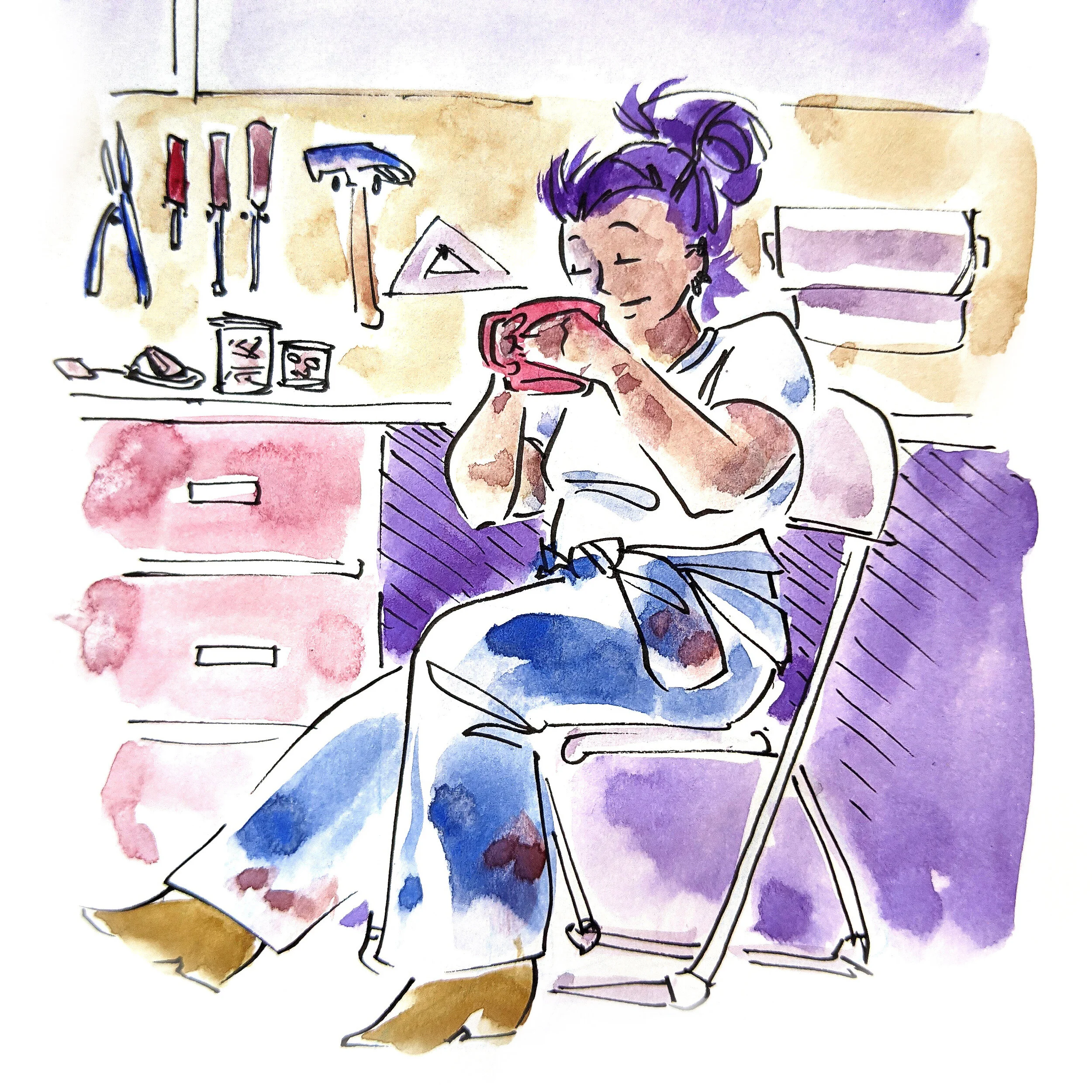 A mechanic sipping tea