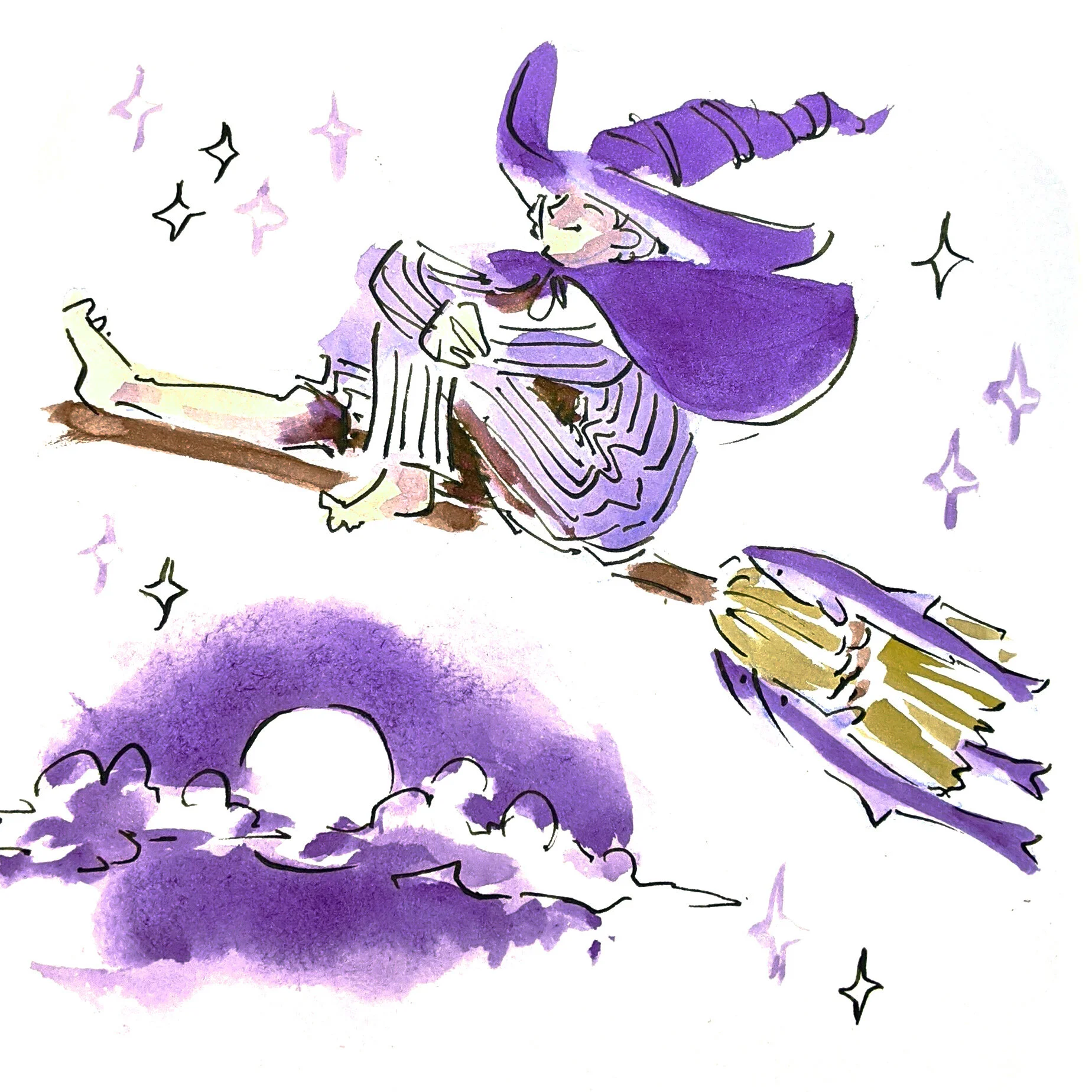 A witch riding on a broom with remoras stuck on the bristles