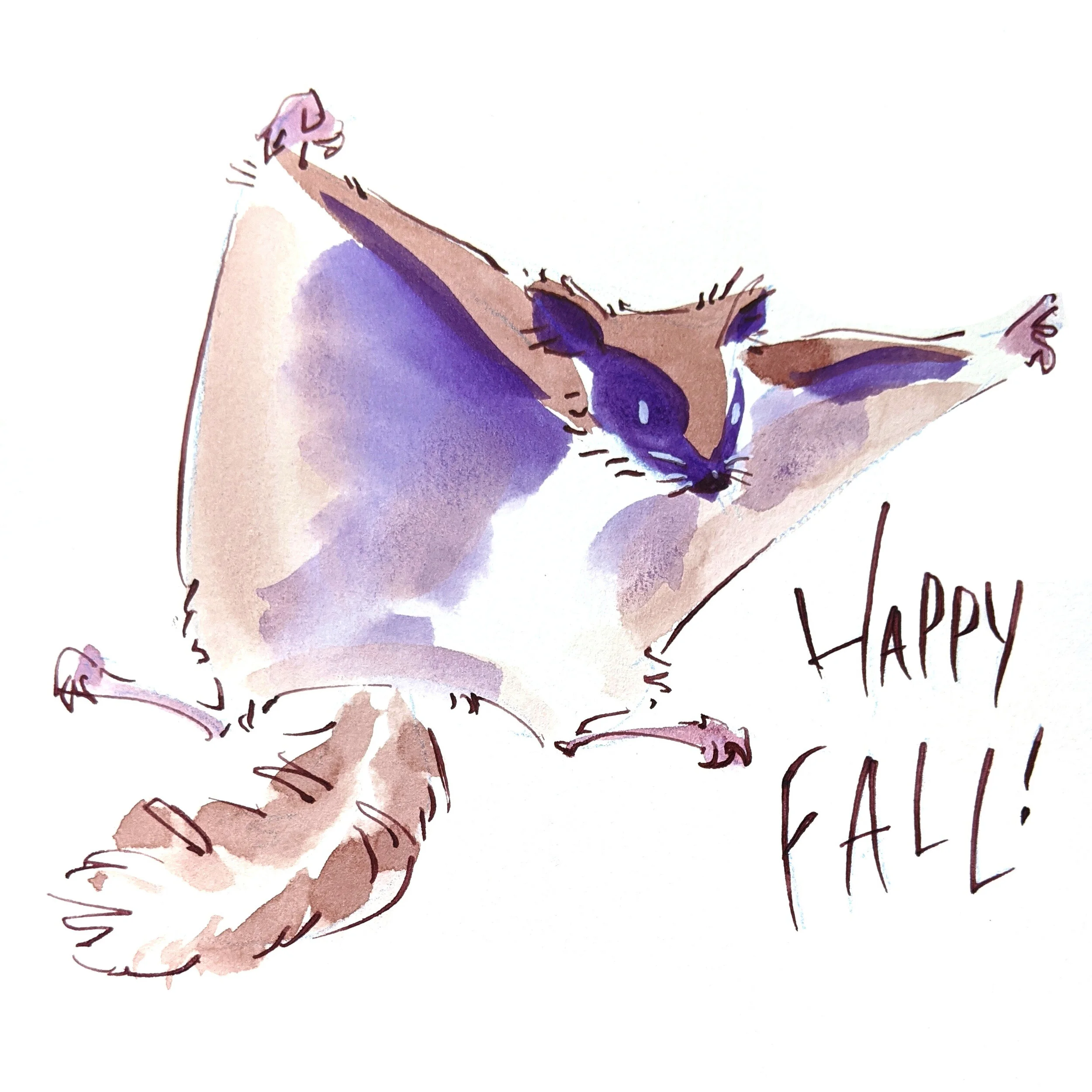 A soaring flying squirrel saying "Happy Fall!"